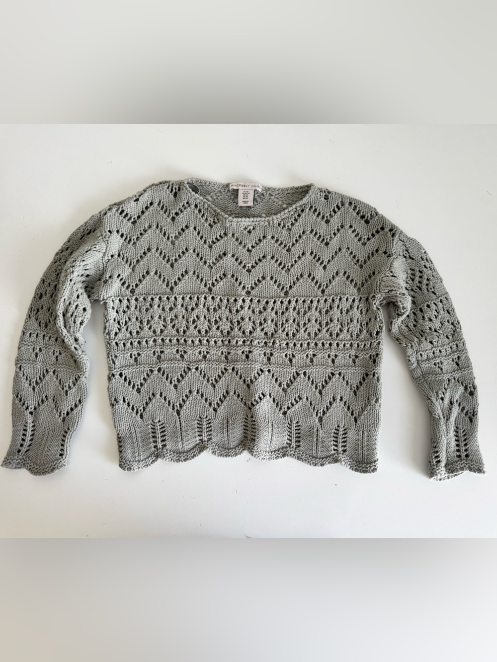 Sincerely Jules Light Green/Gray Crochet Crewneck Sweater